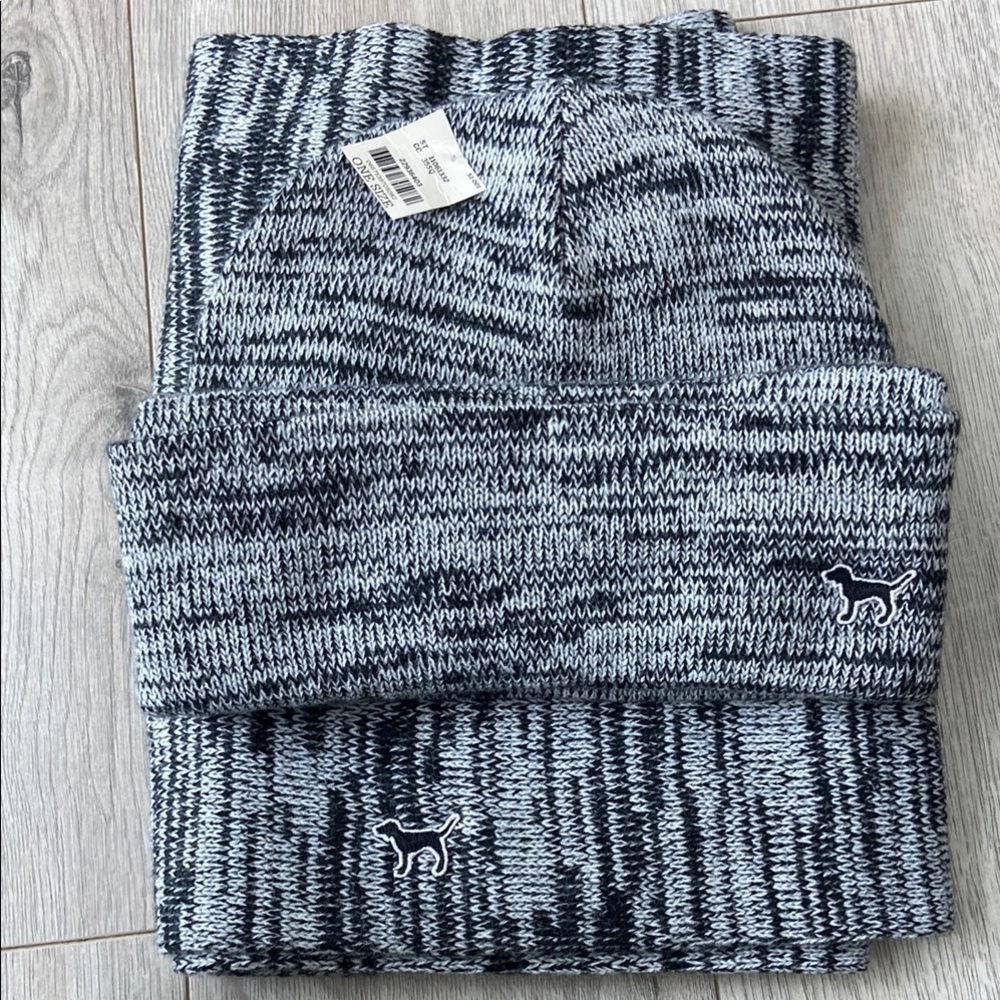 Victoria Secret Pink Line Gray and Black Knit Beanie and Scarf Set